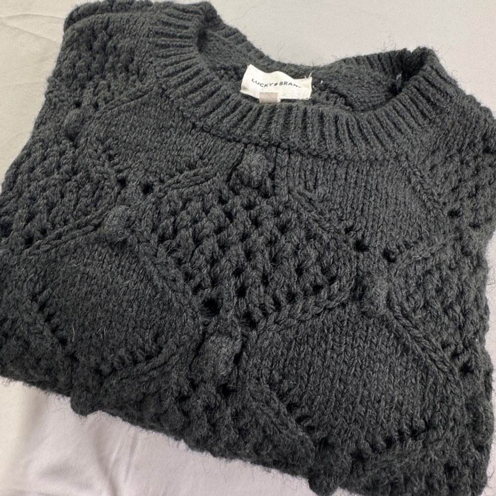 Lucky Brand Womens Gray Bobble Knit Diamond Crochet Crewneck Sweater XL boho - Picture 10 of 14